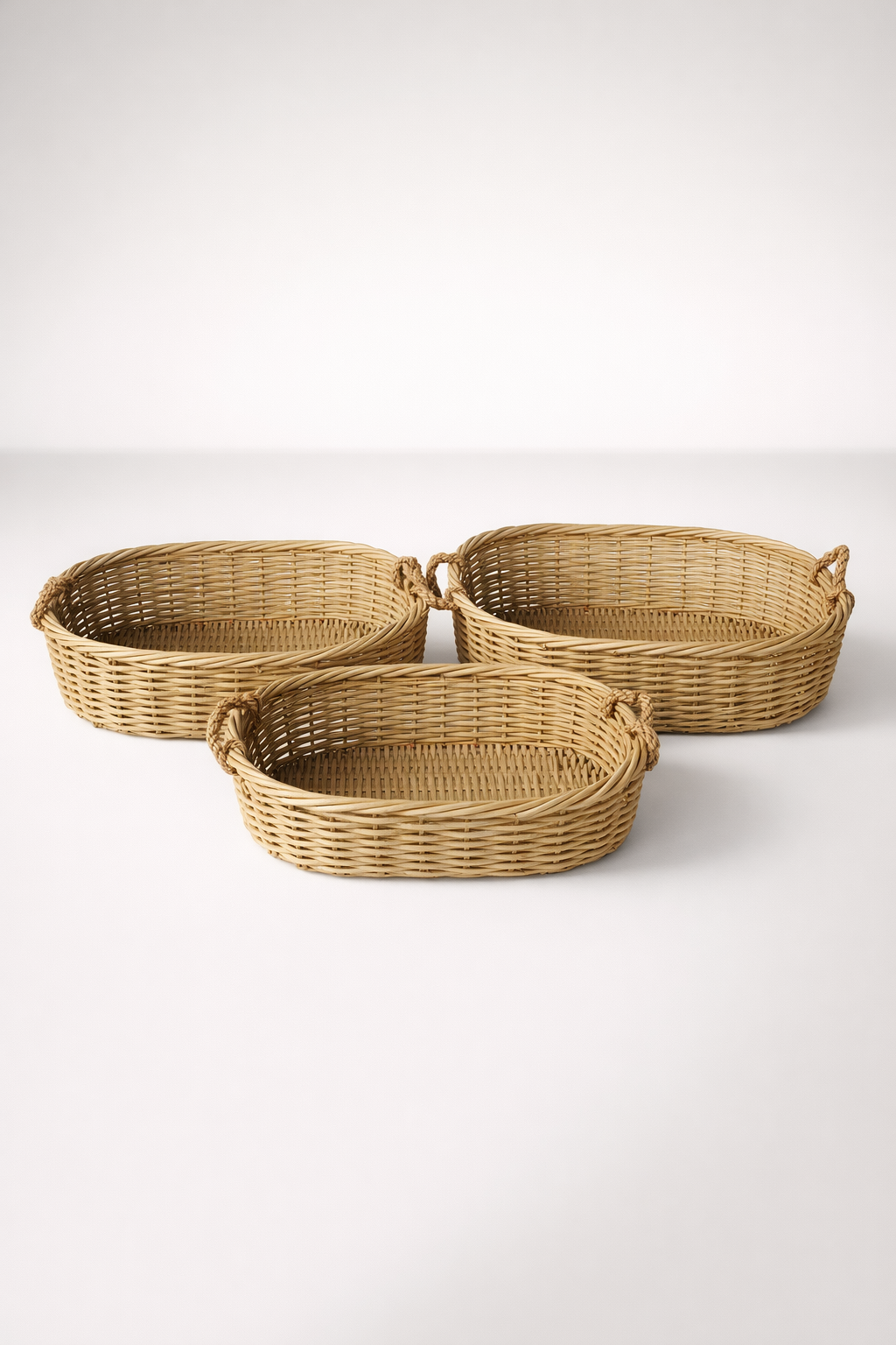 Set Of 3 Rattan Outdoor Low Oval Baskets