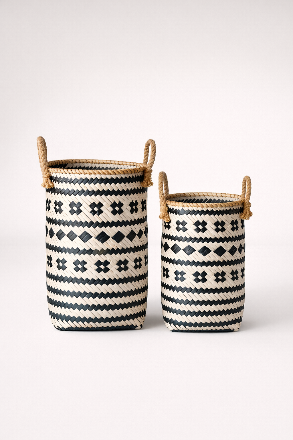 Set Of 2 Black & White Tall Tribal Baskets