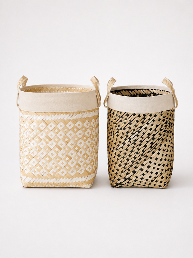 S/2 Seagrass Black & Natural Baskets Cloth Top