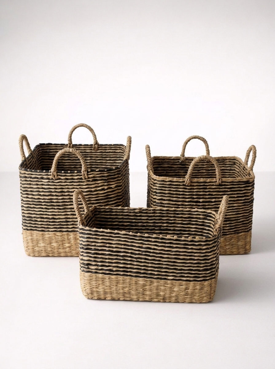 Set Of 3 Black & Natural Rectangular Baskets