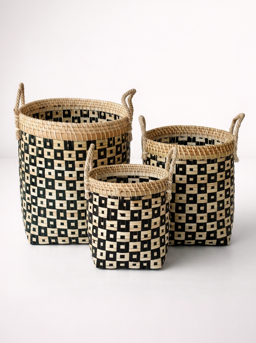Set Of 3 Black Checked Bamboo Round Baskets