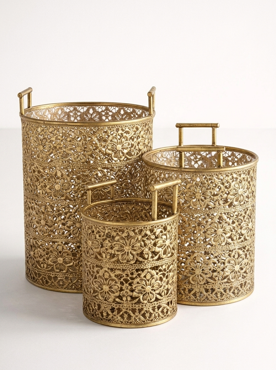 Set Of 3 Gold Flower Metal Baskets
