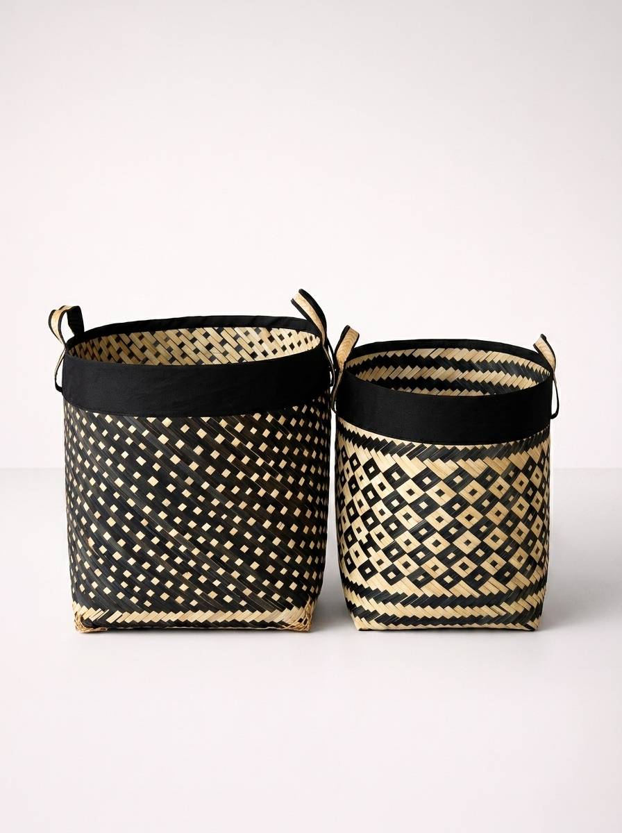 Set Of 2 Black & White Bamboo Baskets