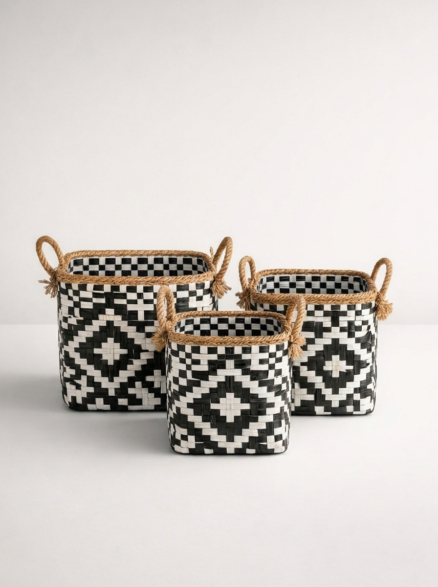Set Of 3 Bamboo Black & White Basket Rope Handle
