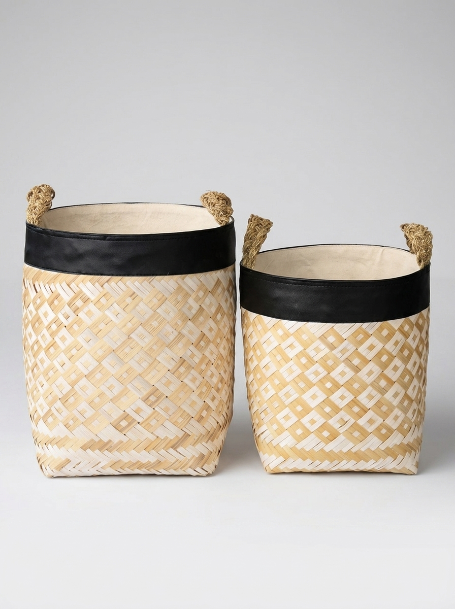 S/2 White & Natural Bamboo Baskets Leather Top