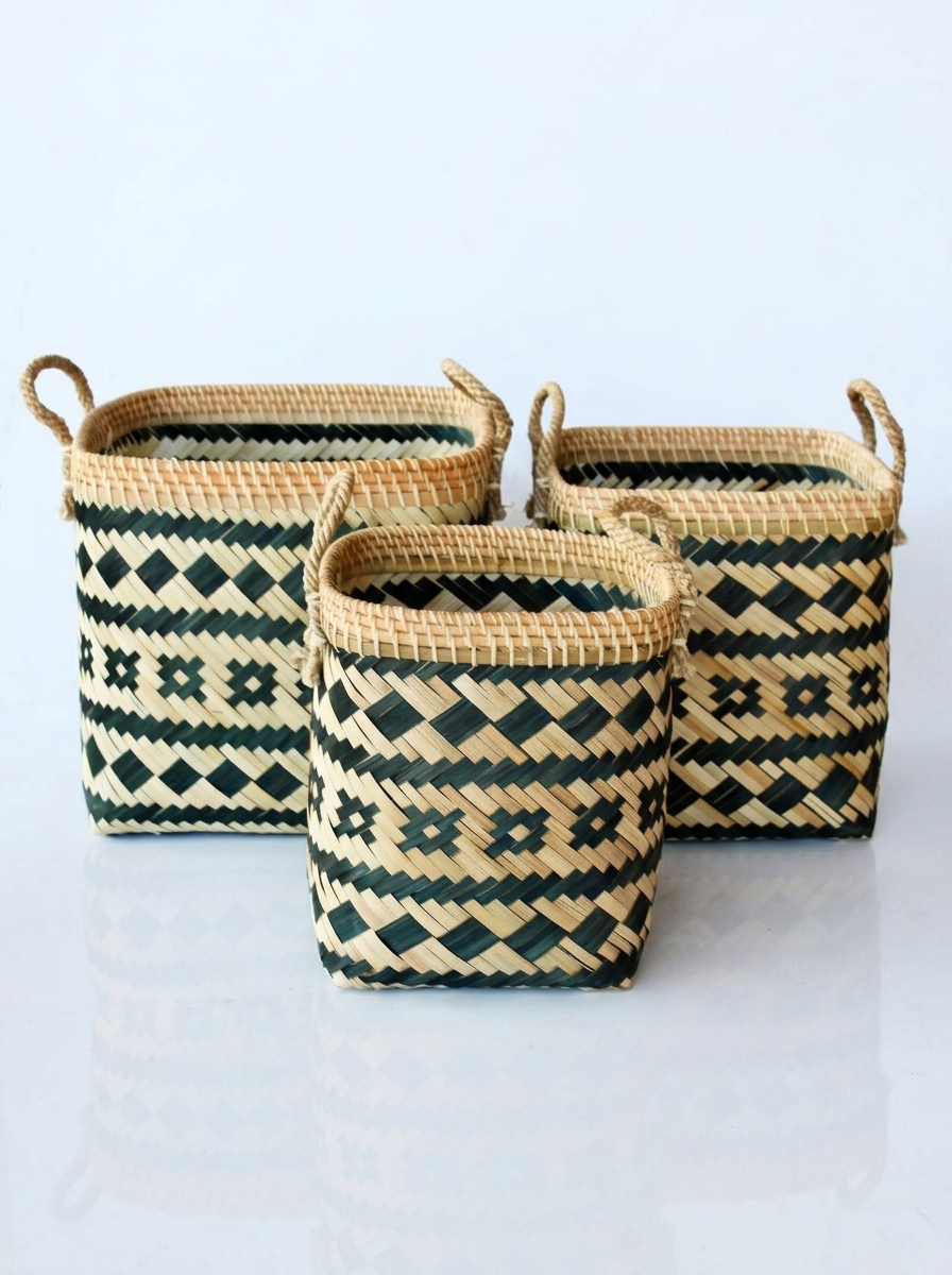 Set Of 3 Black & Natural Bamboo Baskets