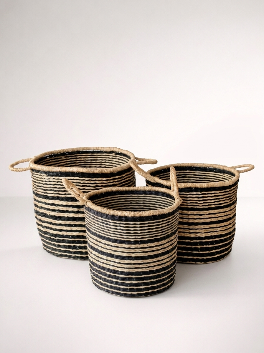 Set Of 3 Black & Natural Multi Stripe Baskets