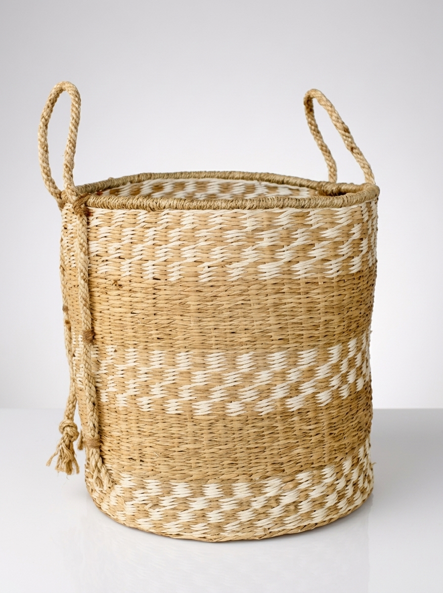 Natural & White Seagrass Basket With Handles