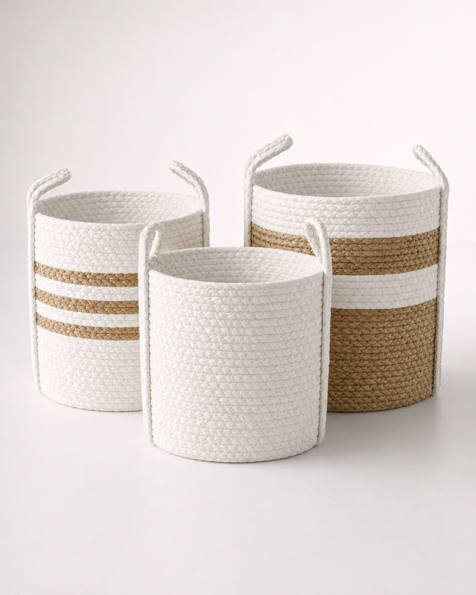 Set Of 3 Natural & White Assorted Baskets