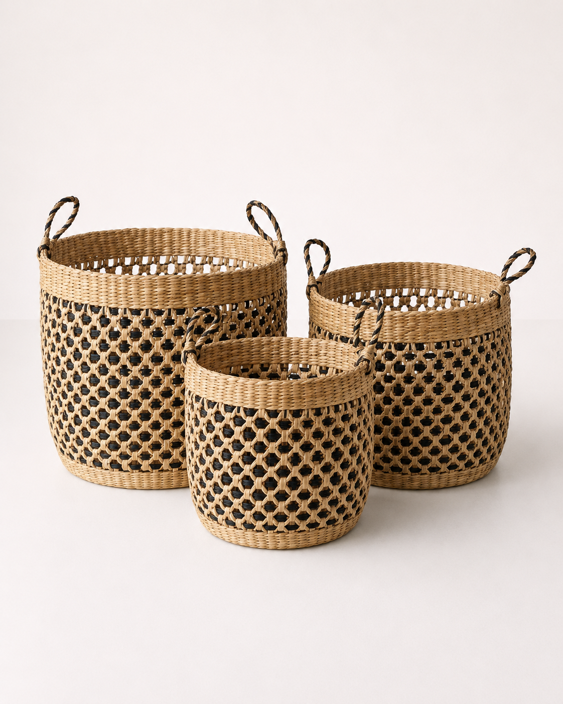 Set Of 3 Black & Natural Diamond Baskets