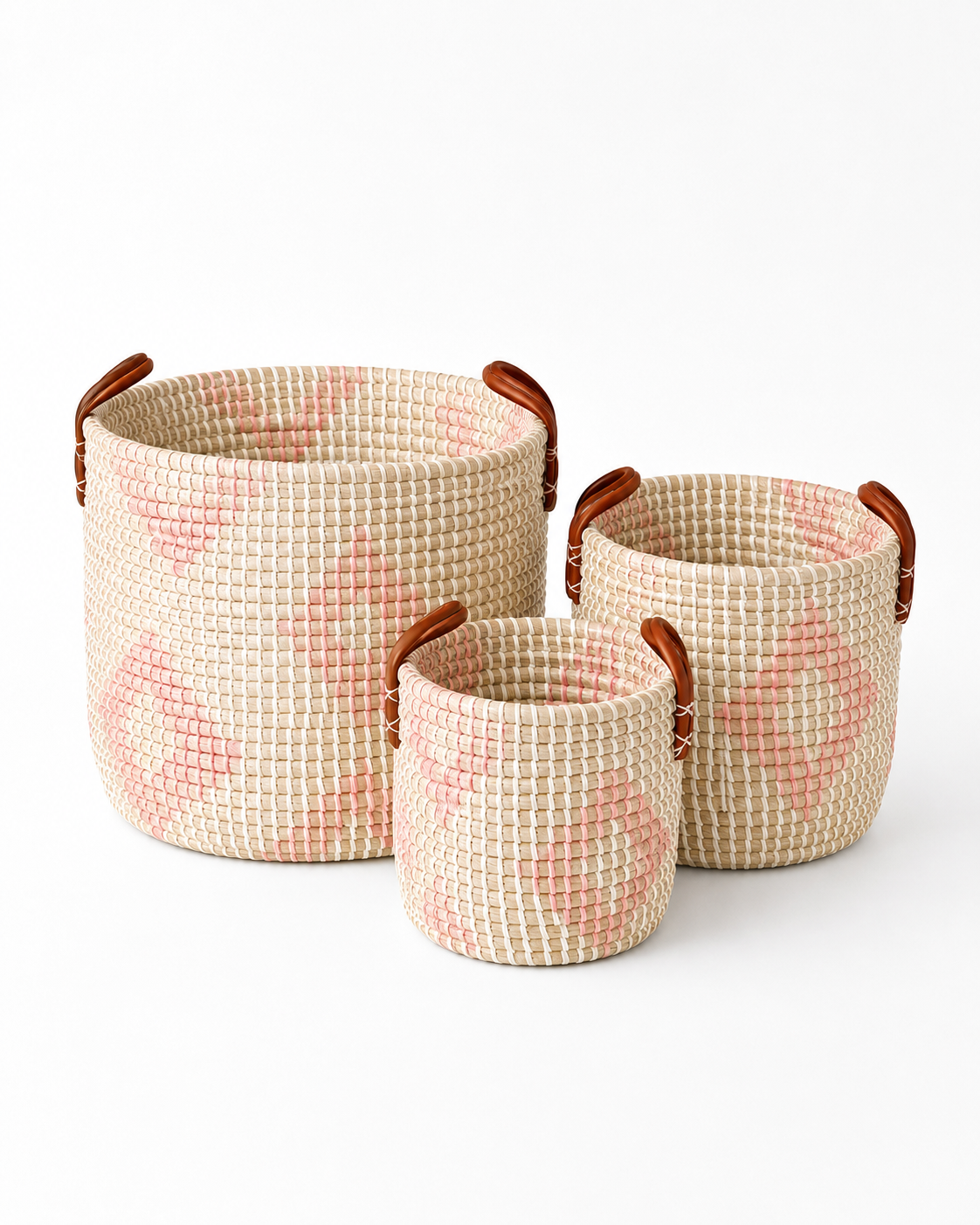Set Of 3 Round Natural Seagrass & Pink Baskets