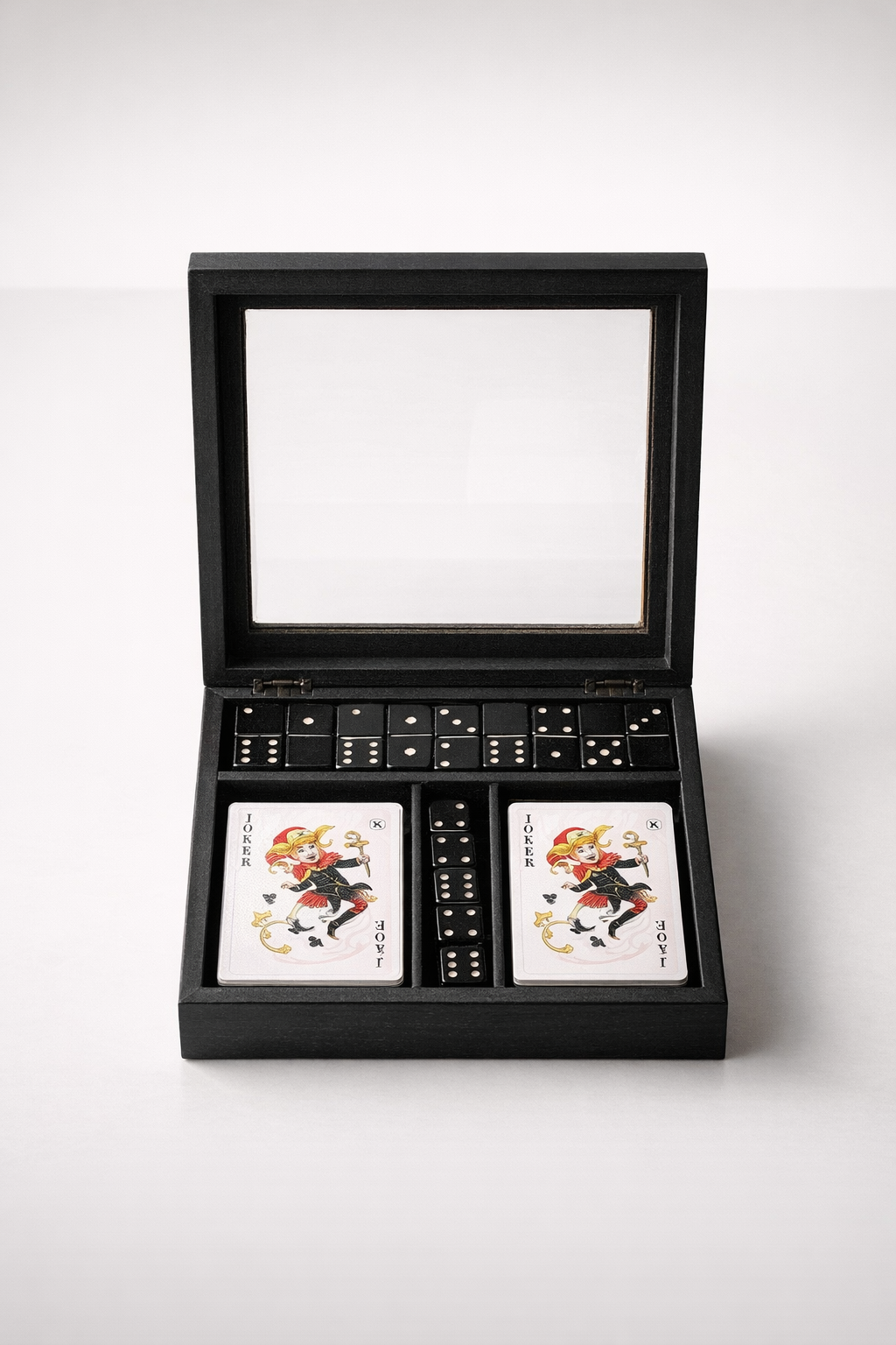 Black Double Cards & Dominoes Game Box With Glass Lid