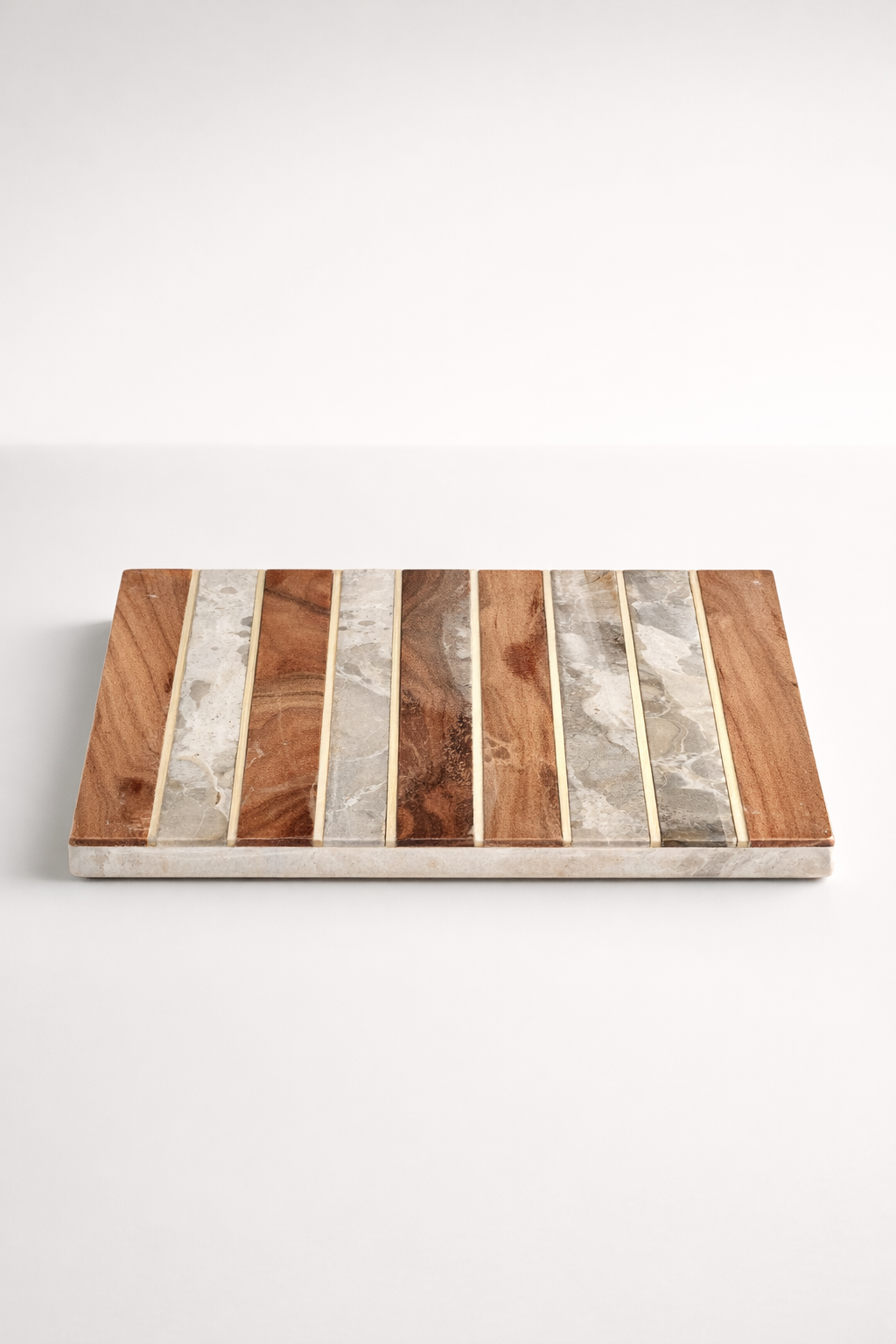 Wood, Brass And Beige Marble Striped Board On Feet