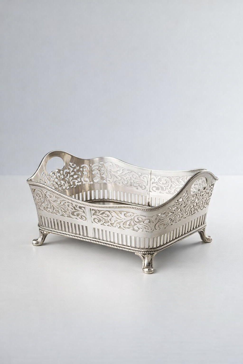 Rectangular Pewter Filigree Bowl With Handles