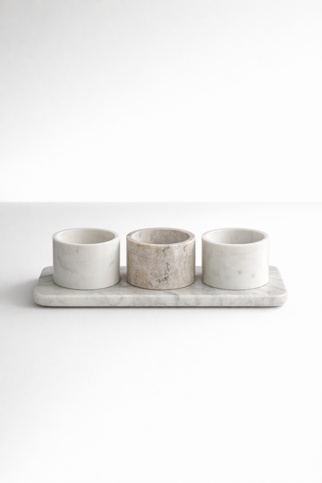 Set Of 3 White & Grey Marble Bowls On Tray