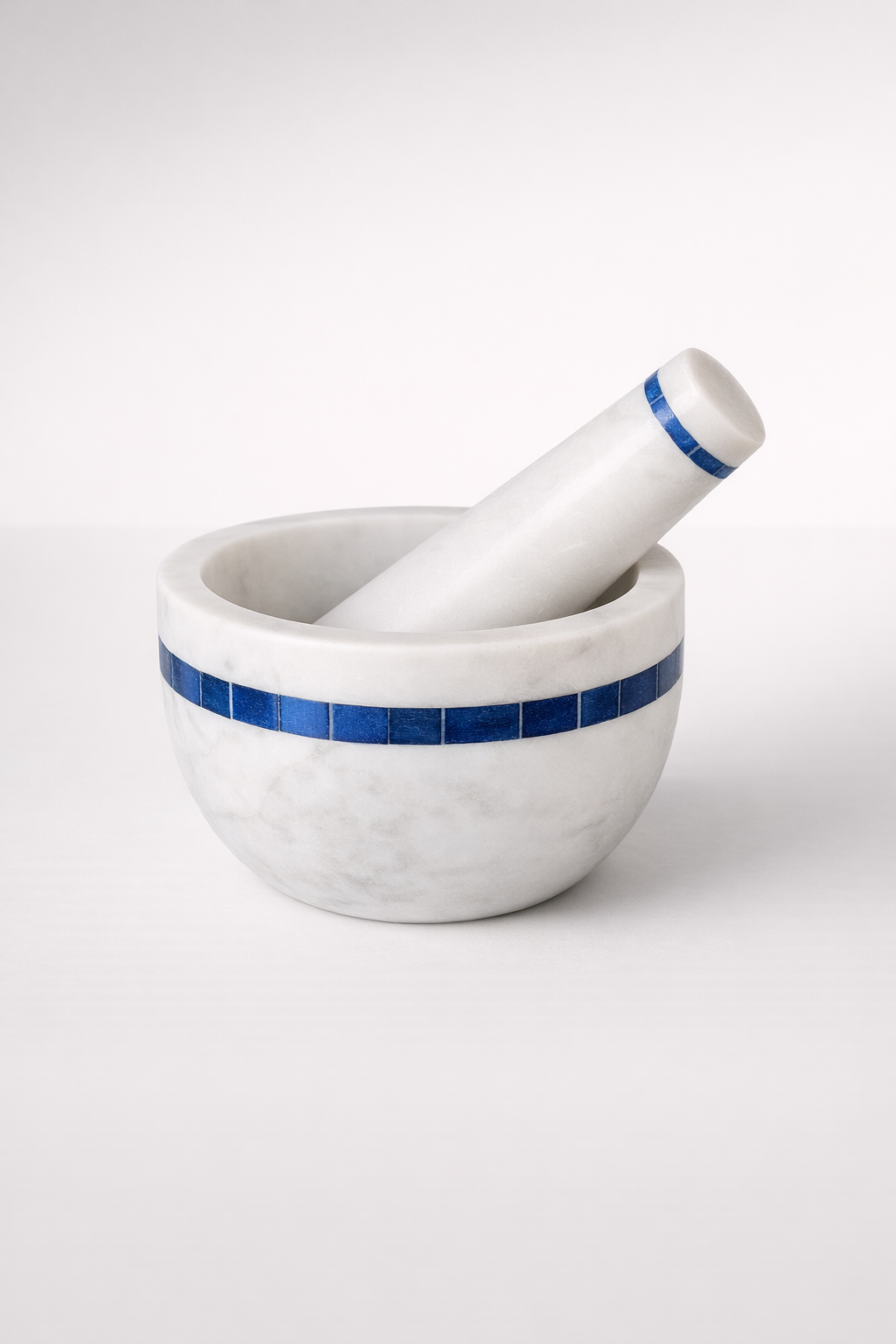 White Marble Pestle & Mortar Blue Inlay