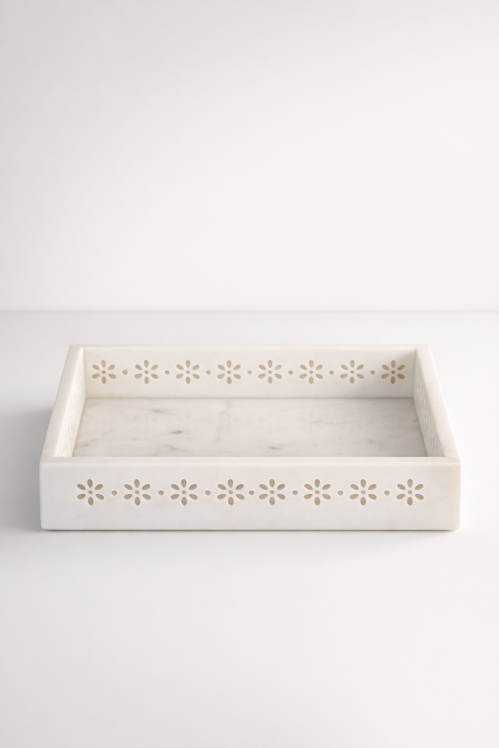 White Rectangular Daisy Cutout Marble Tray