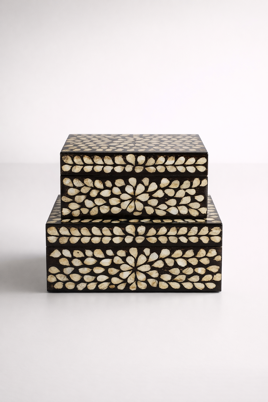 Set Of 2 Black & Silver Leaf Capiz Boxes
