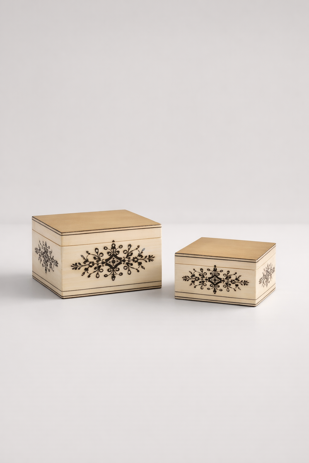 Set Of 2 Bone Boxes With Brass Lid & Black Etching