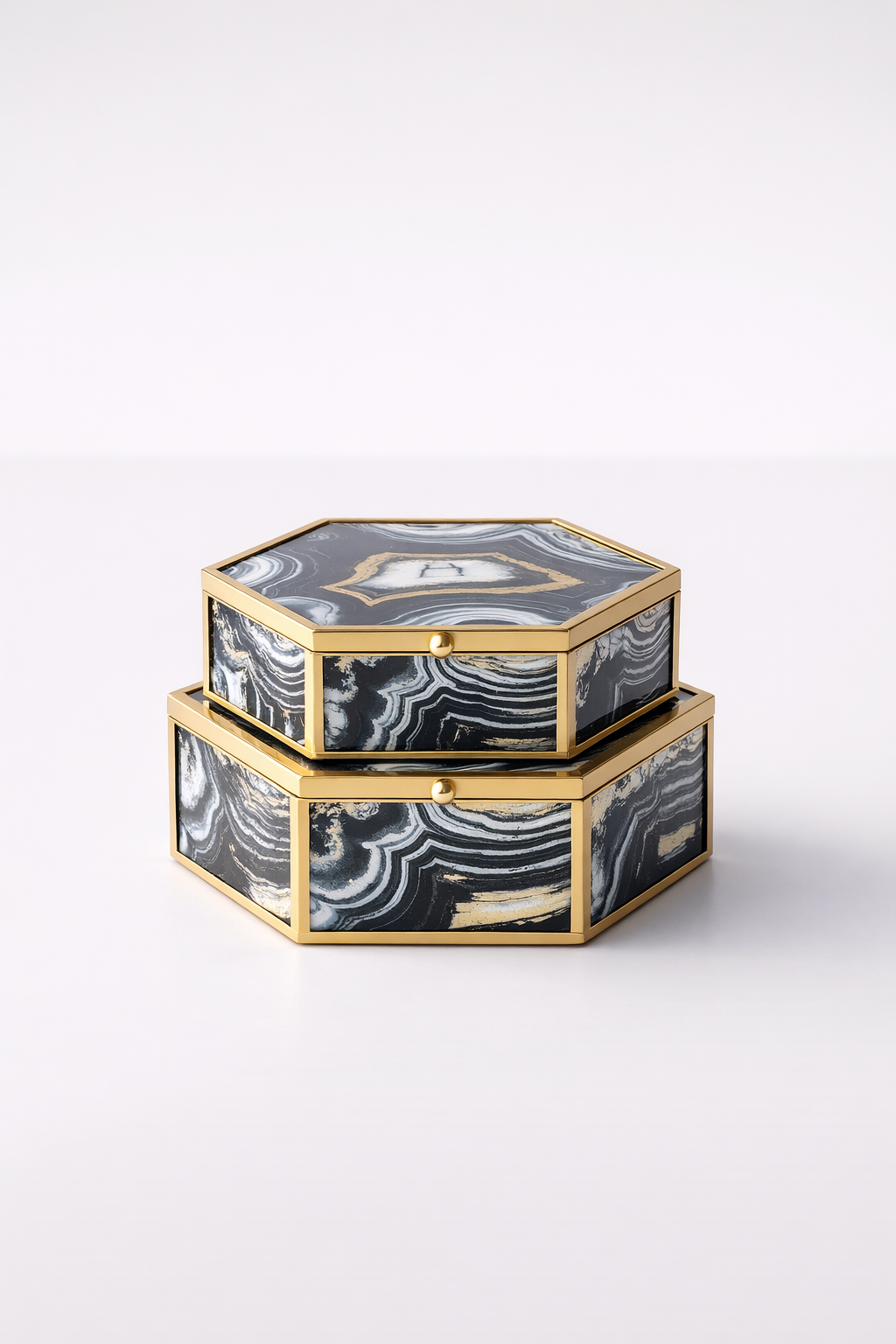 Set Of 2 Black & Gold Octagonal Boxes