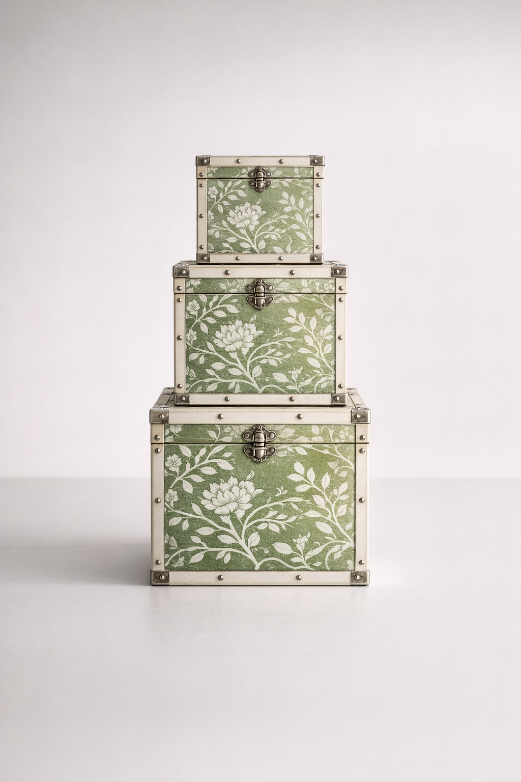 Set Of 3 Square Boxes Green Flowers