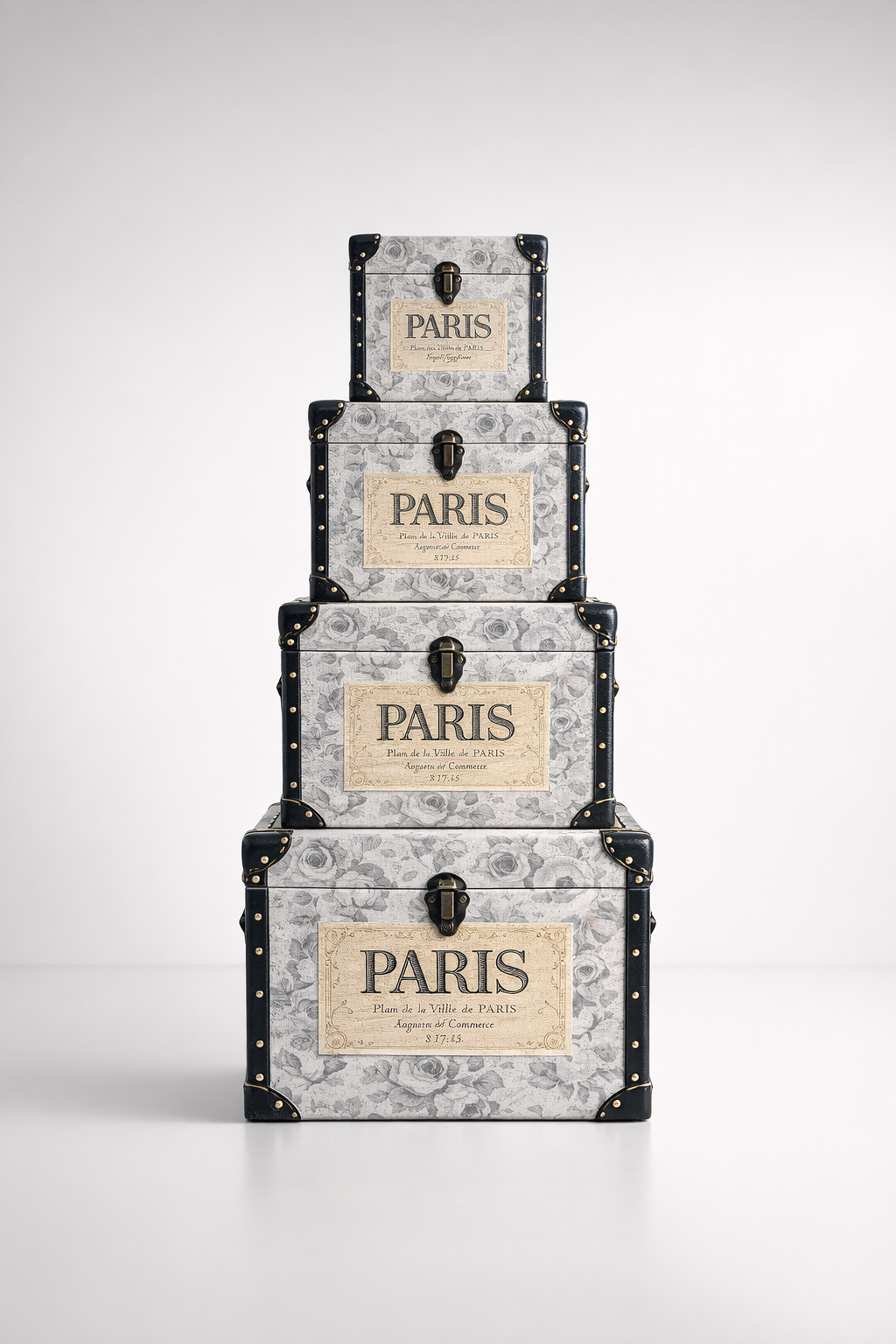Set Of 4 Grey Floral Paris Trunks