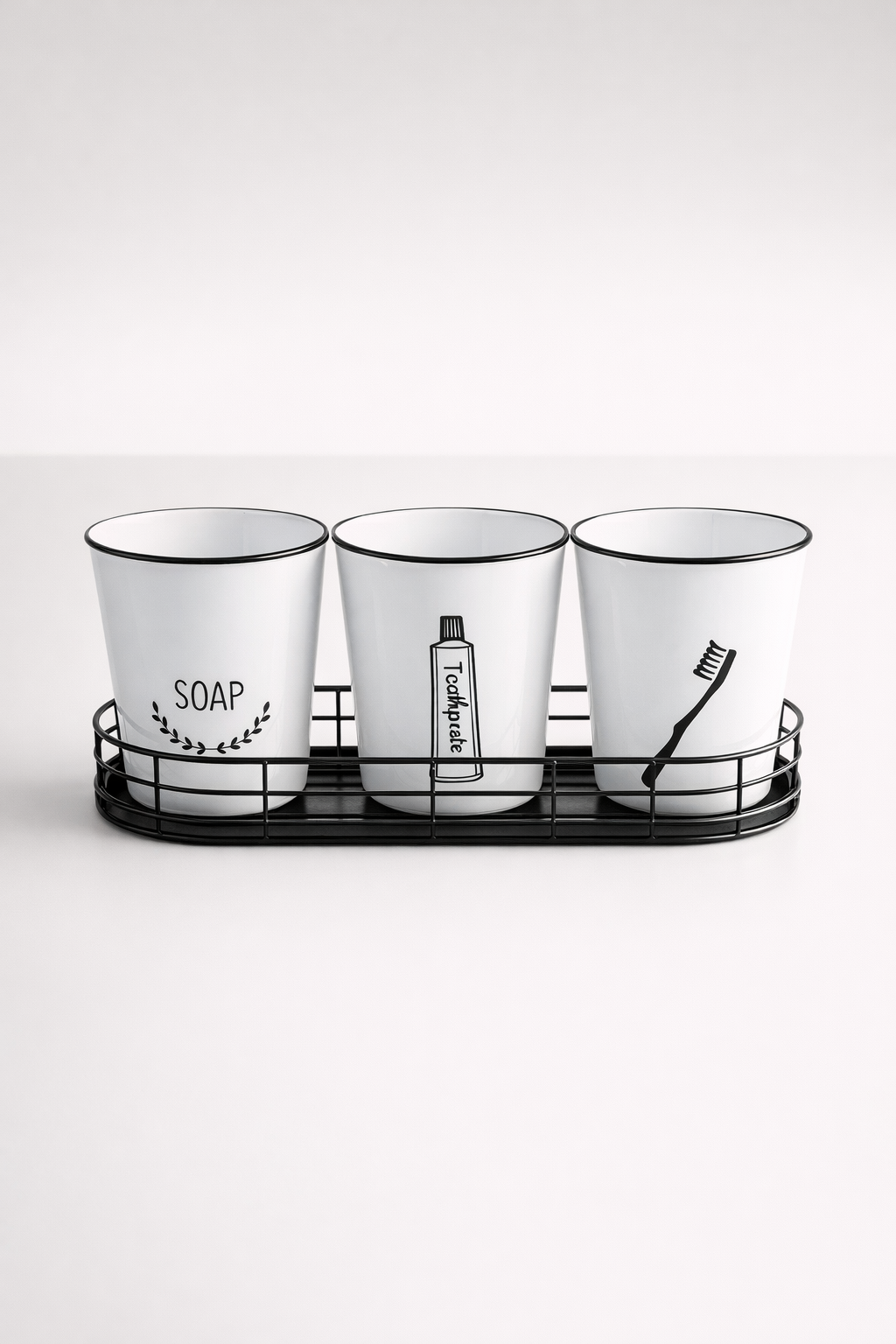 Set Of 3 Enamel Bathroom Pails In Stand