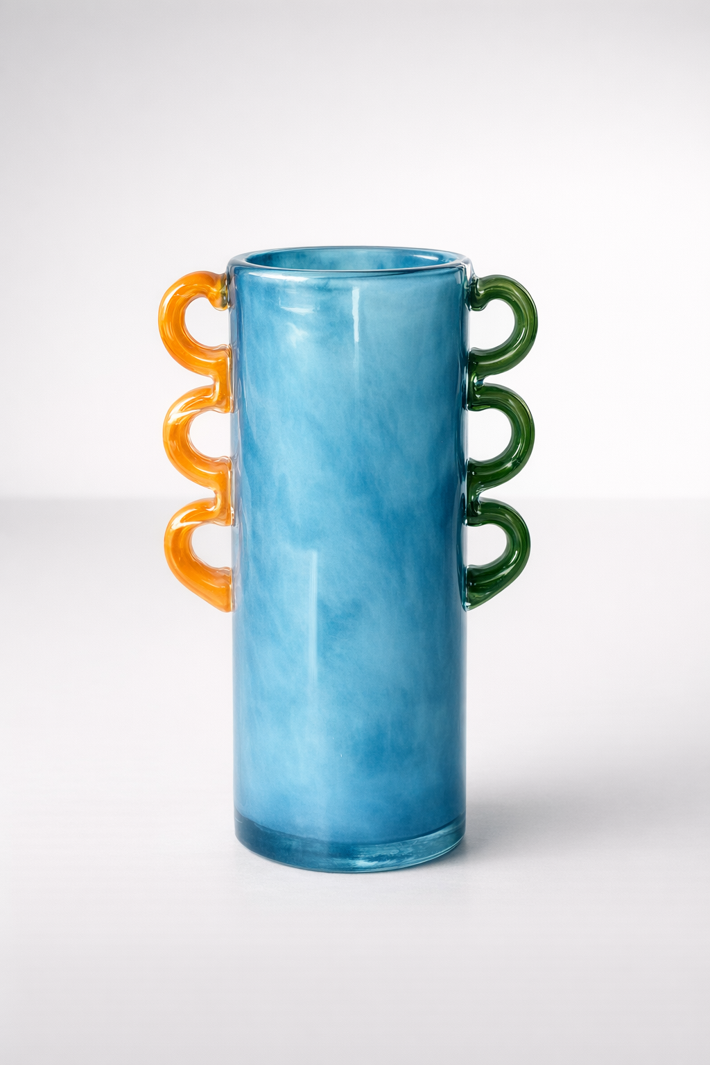Tall Blue Glass Vase Orange, Green Handles