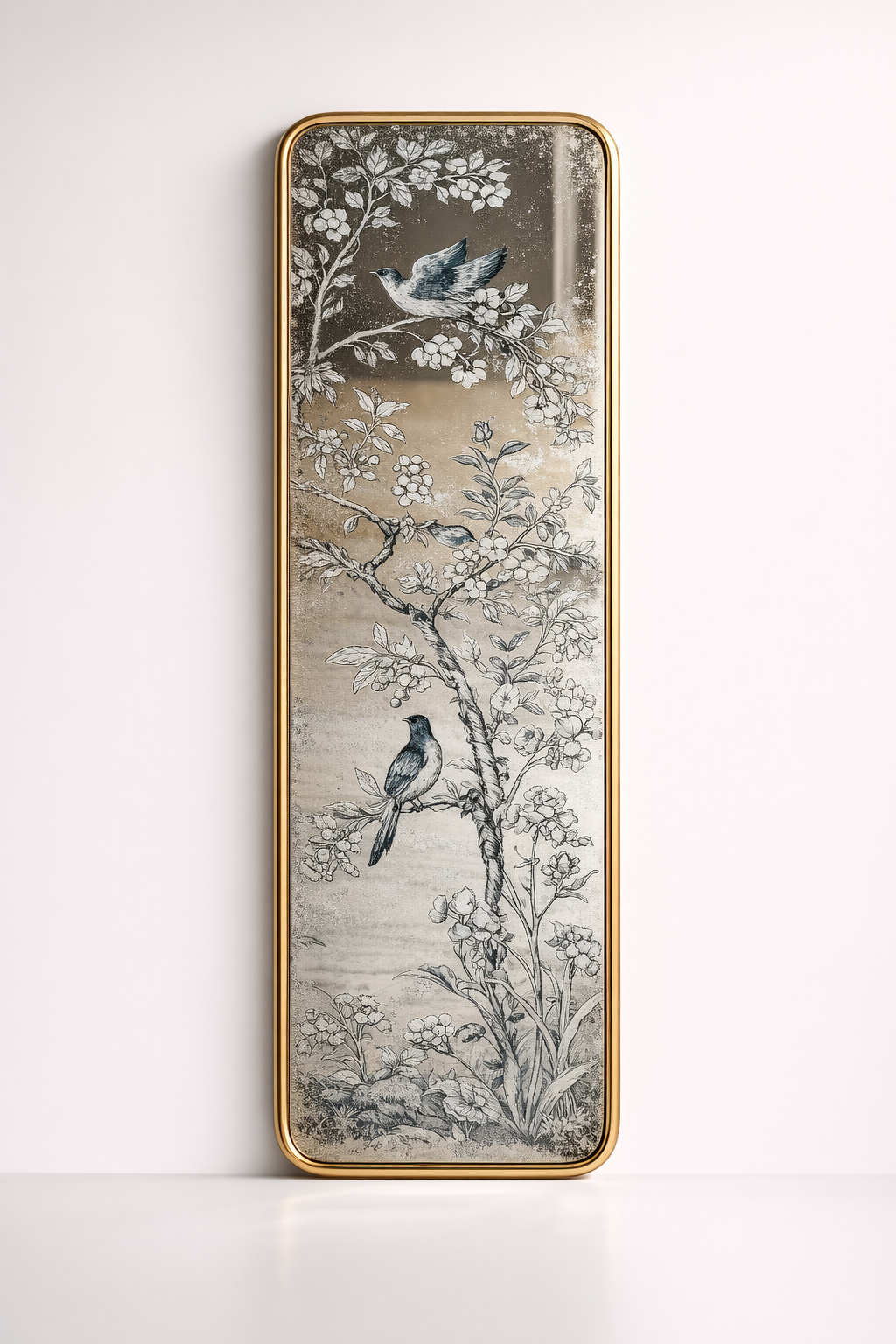 Oblong Gold Mirror With Blue Chinoiserie