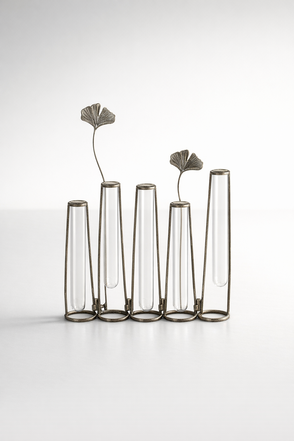 Set Of 5 Test Tube Vases Joined With Metal Flower