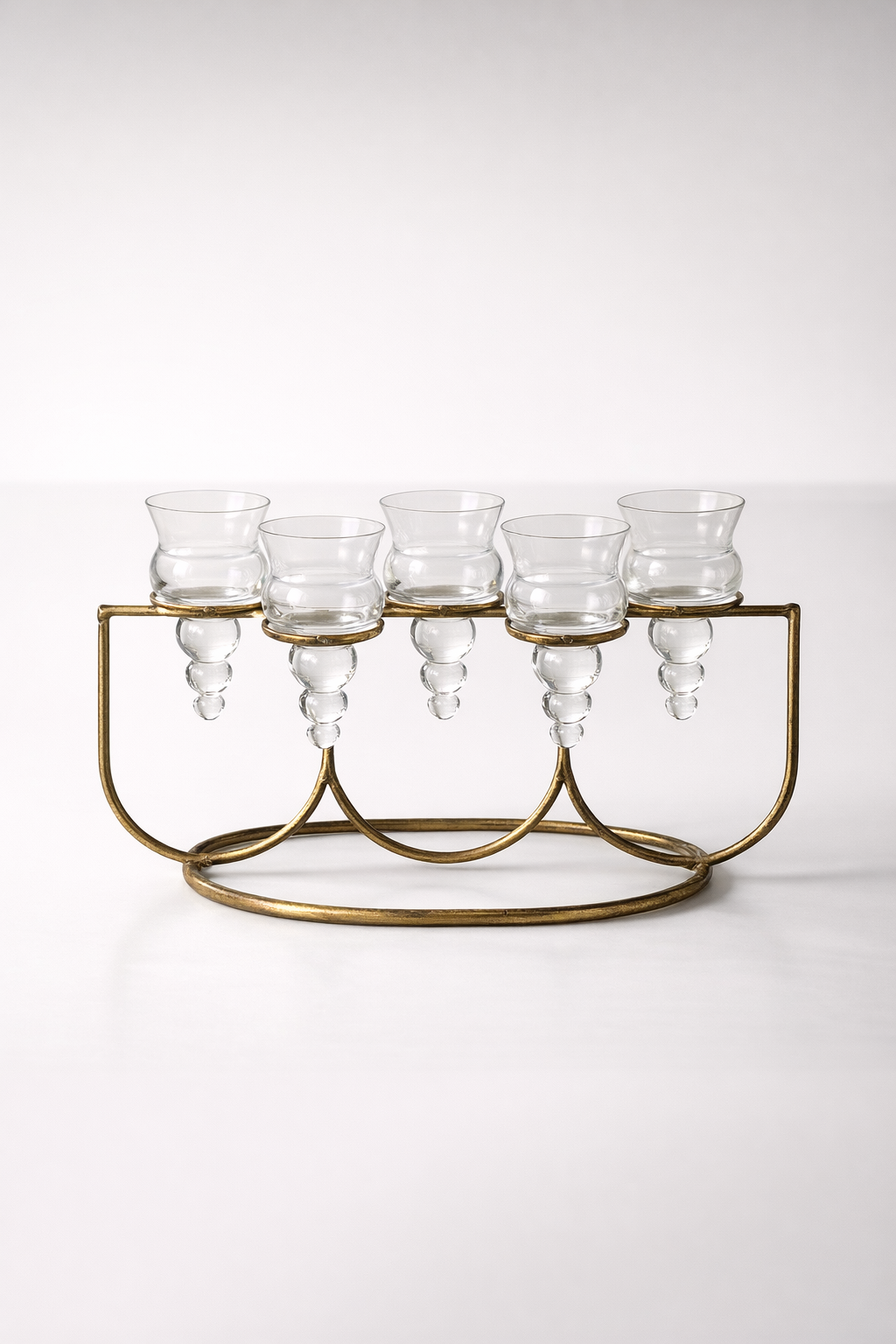 5 Glass Vases In Metal Stand