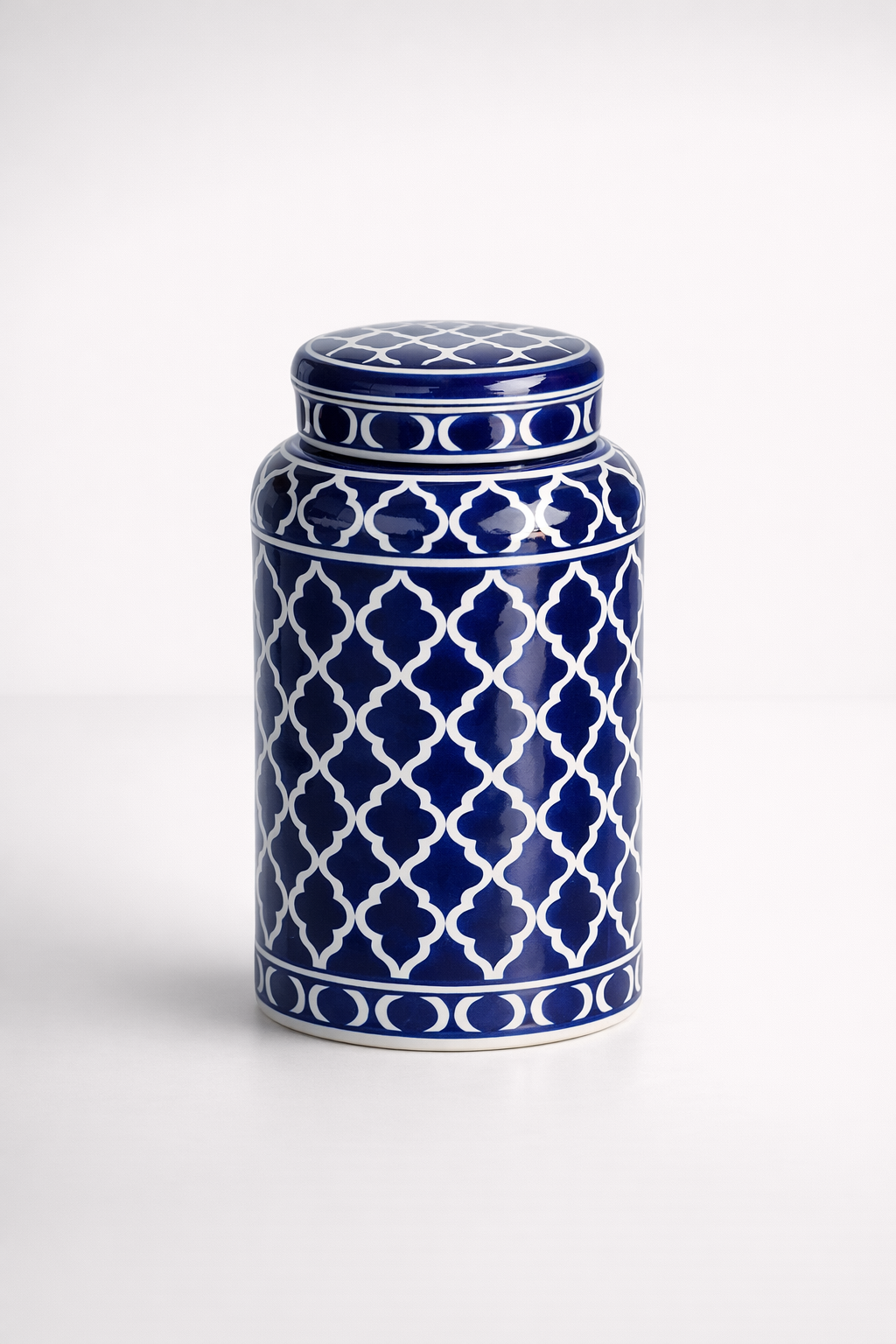 Large Geo Blue & White Jar With Lid