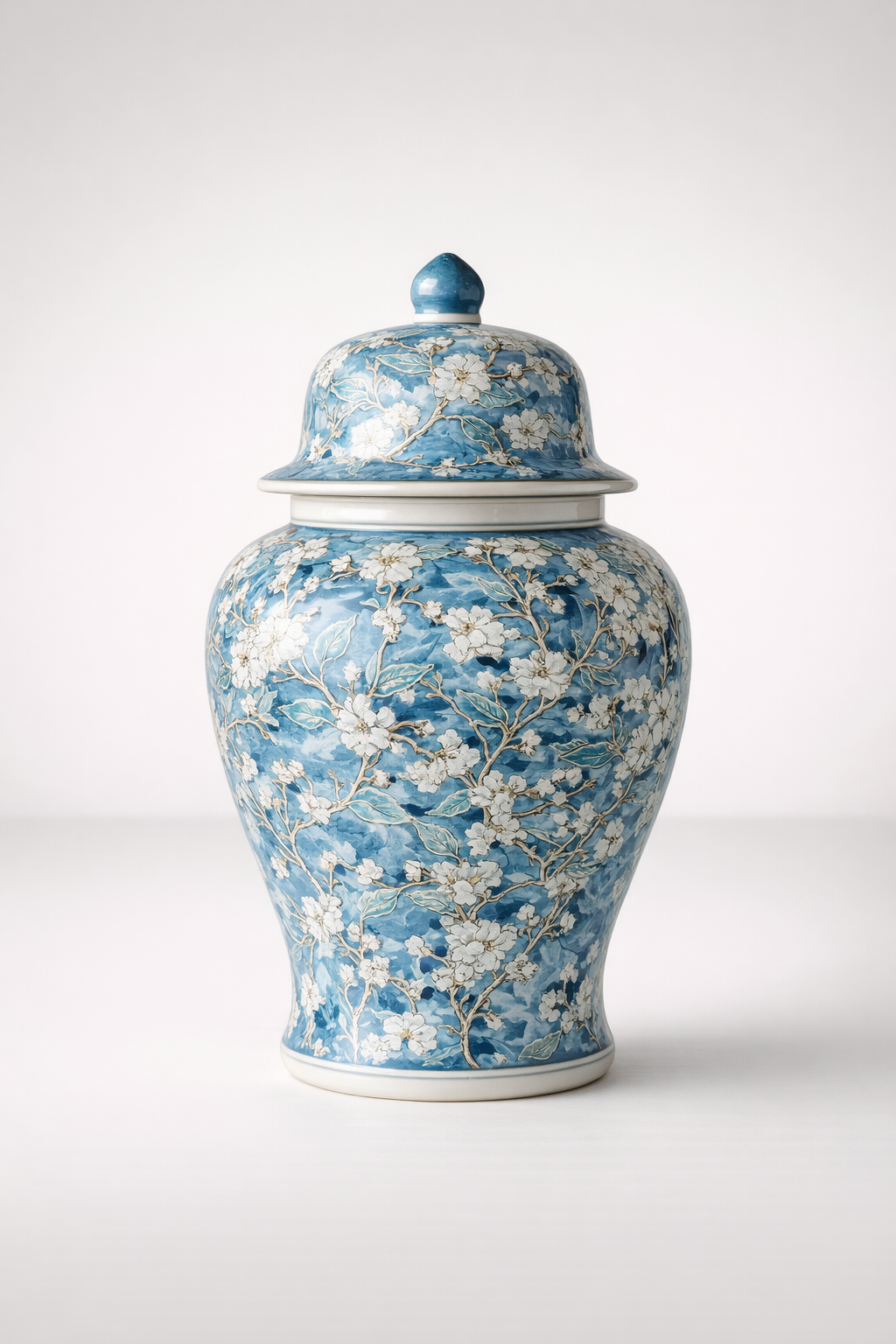 Large Blue Embossed Floral Ginger Jar