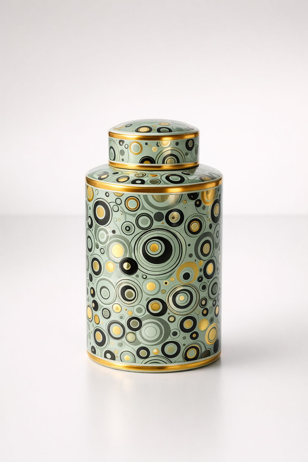 Green, Gold & Black Circles Jar With Lid