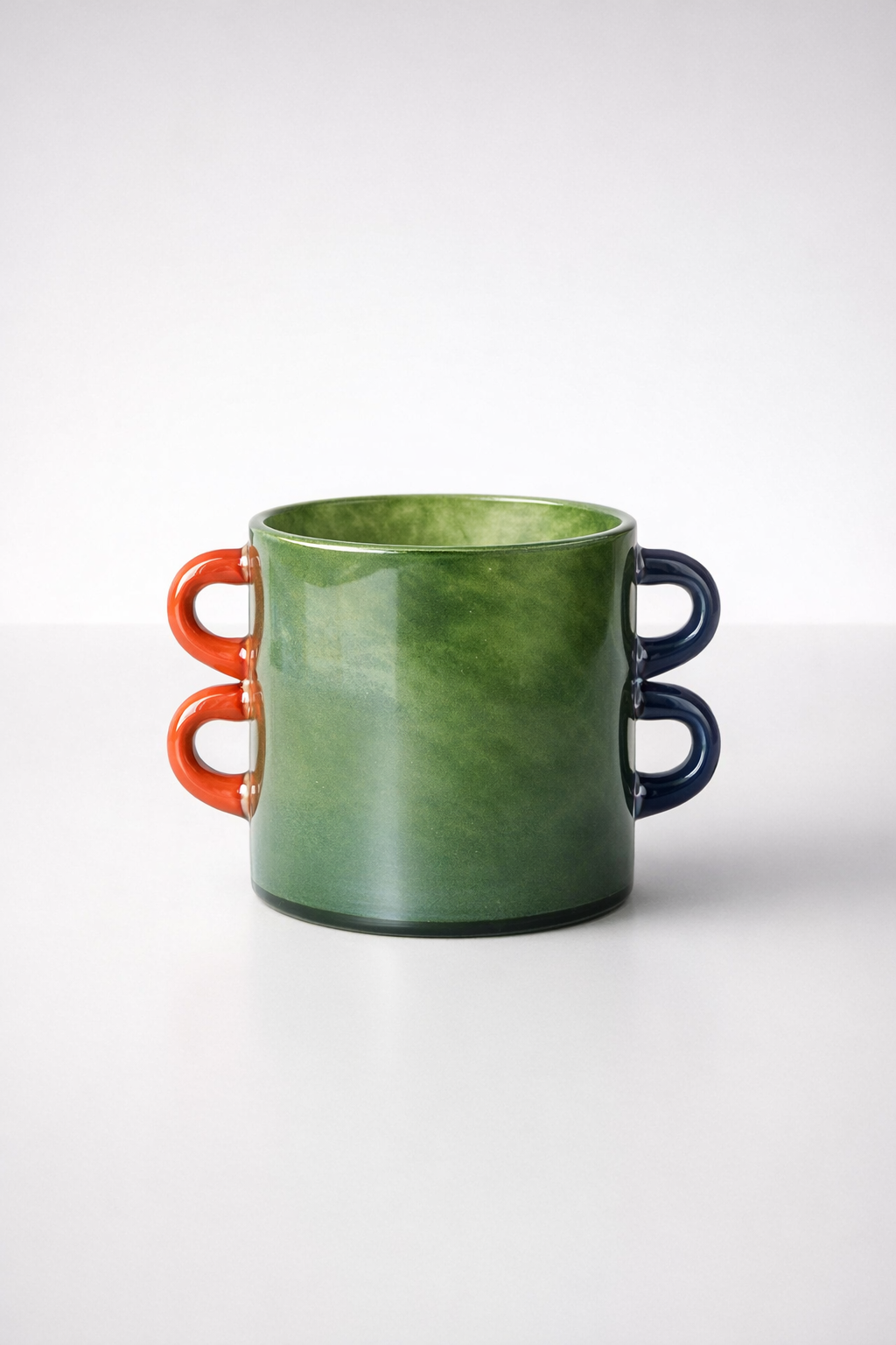 Green Glass Vase With Orange And Blue Handles