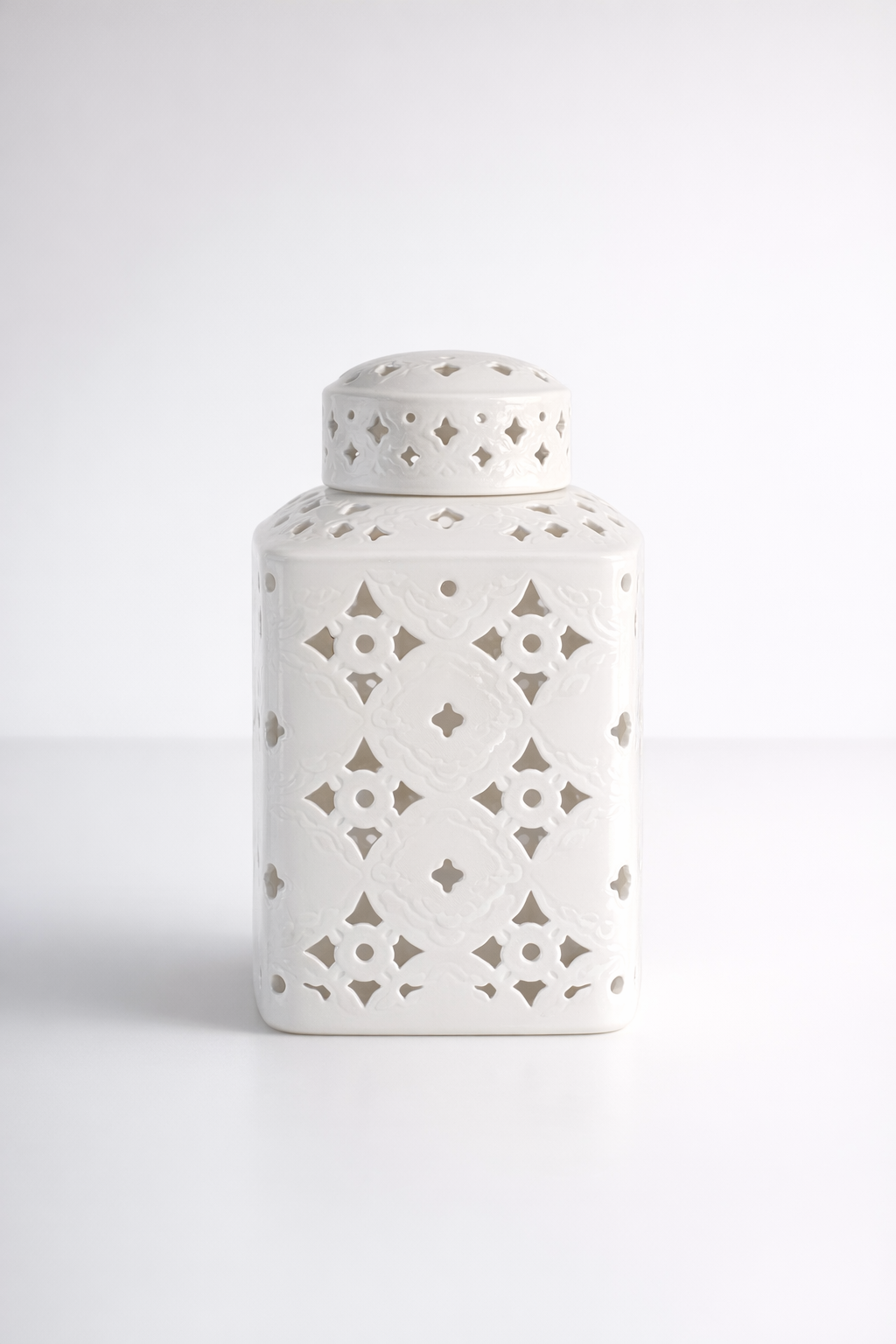 Large White Cut-Out Square Jar With Lid