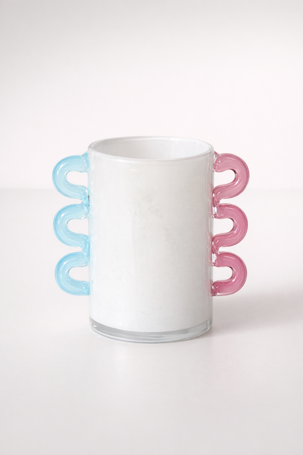 White Frosted Glass Vase Pink, Aqua Blue Handles