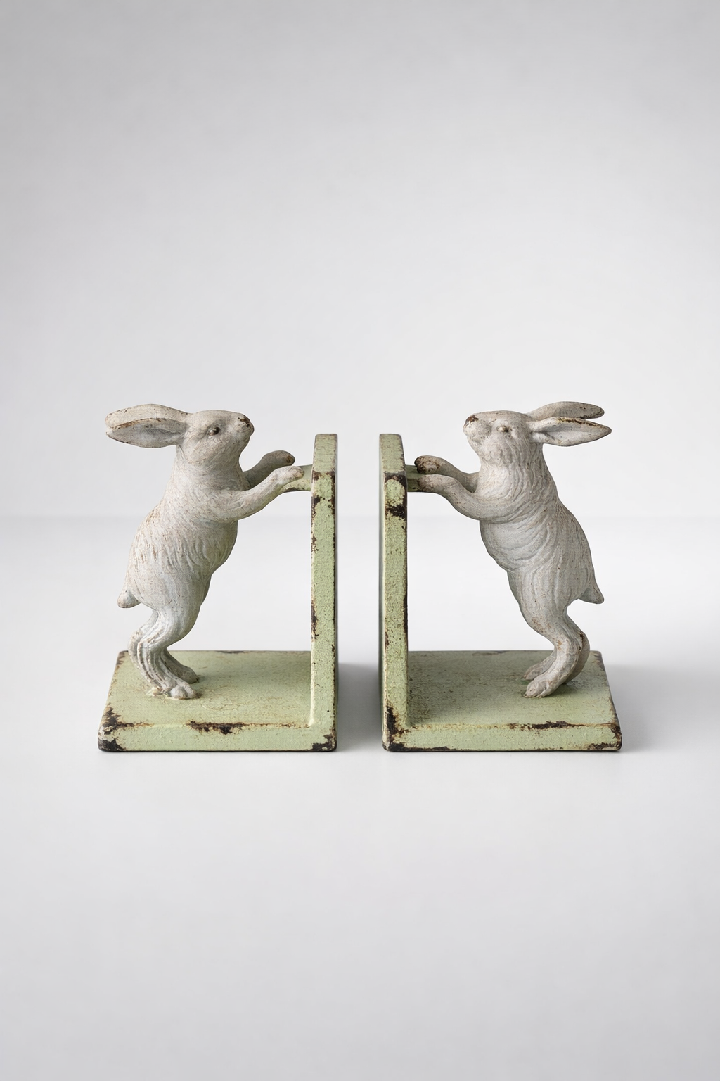 Pair Of Cast Iron Green & Grey Bunny Bookends