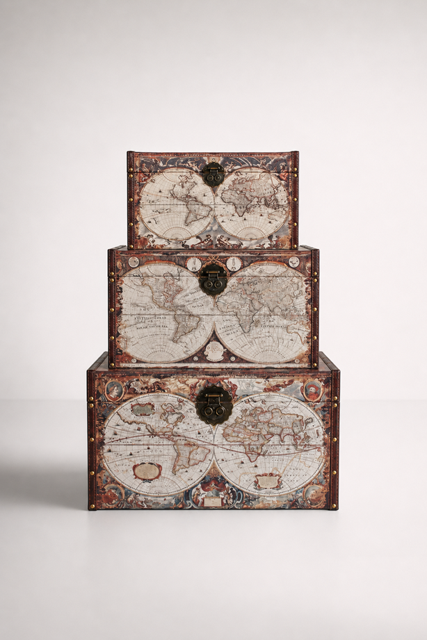 Set Of 3 Large World Map Trunks