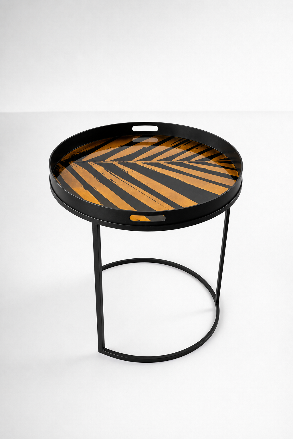 Round Black & Gold Leaf Side Table Tray