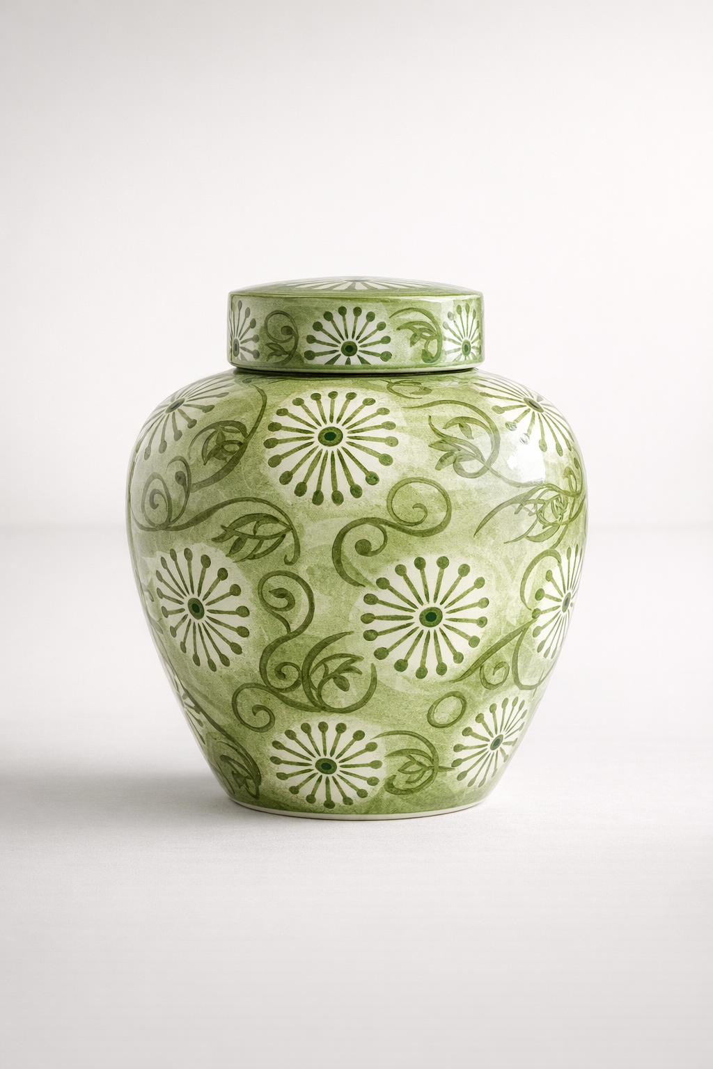Large Fat Bright Green Floral Ceramic Ginger Jar With Lid