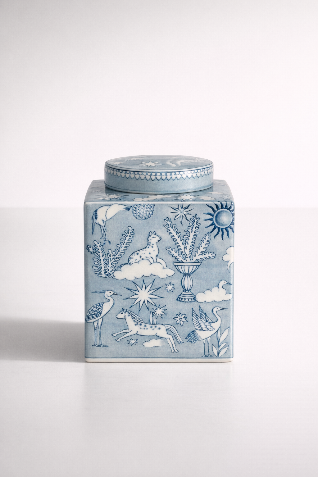 Large Blue & White Square Tiger Moon Jar With Lid