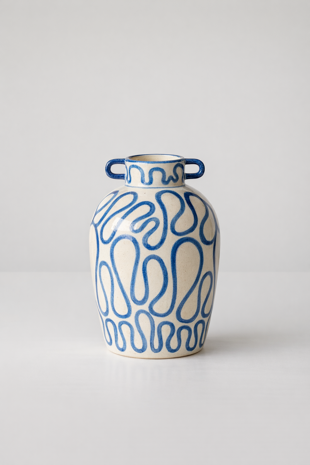 Blue Squiggle Ceramic Vase With Handles