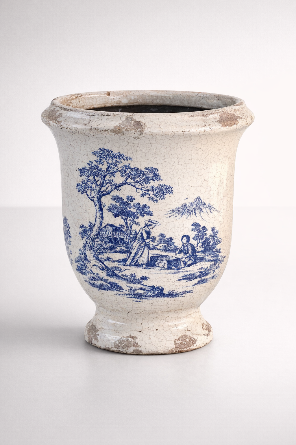Blue & White Distressed Toile Planter On Foot