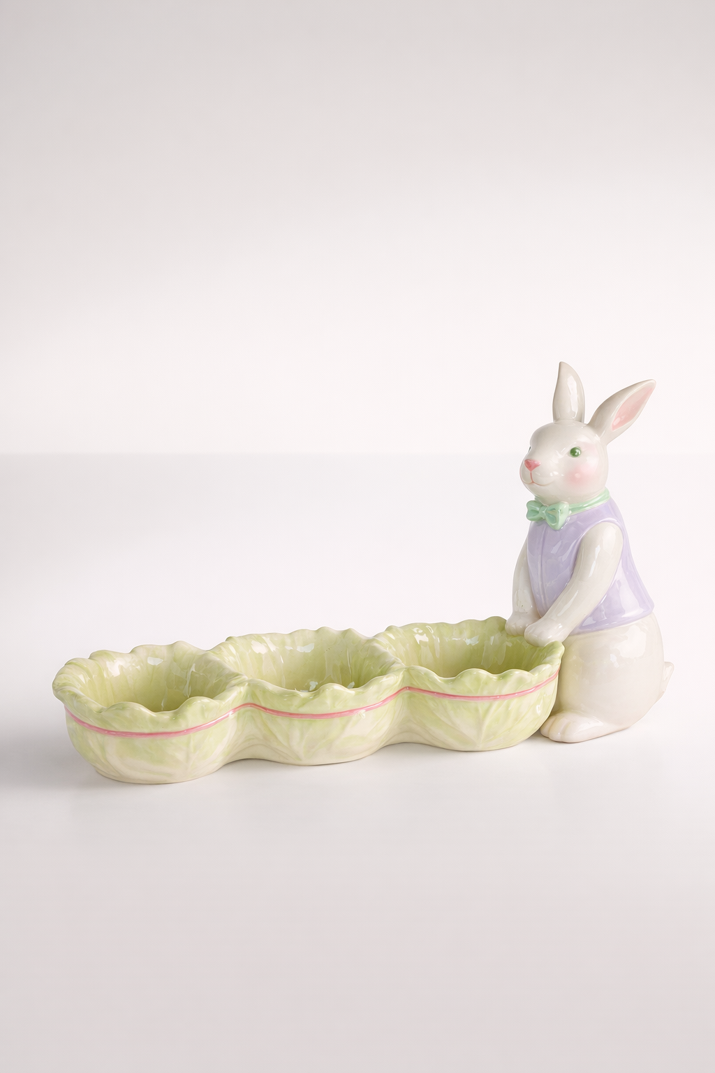 3 Green & White Cabbage Bowls With Rabbit