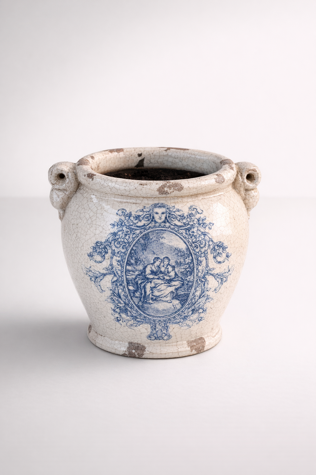 Blue & White Distressed Fat Jar With Handles