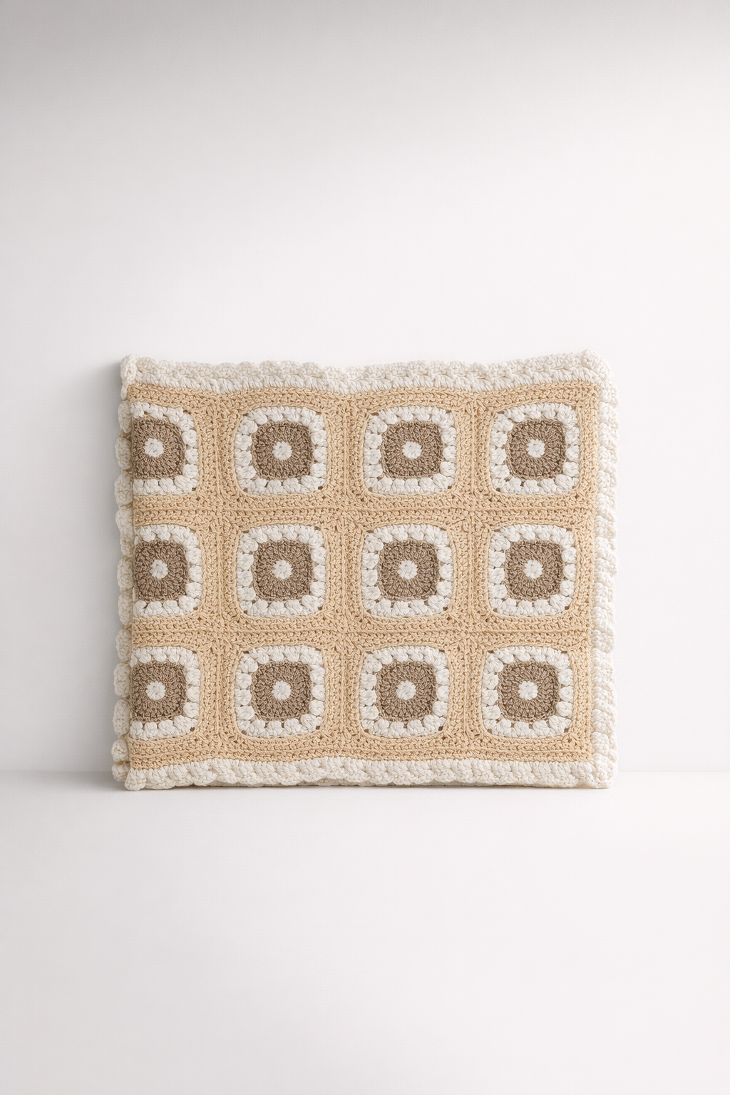 Beige White And Fawn Crochet Throw