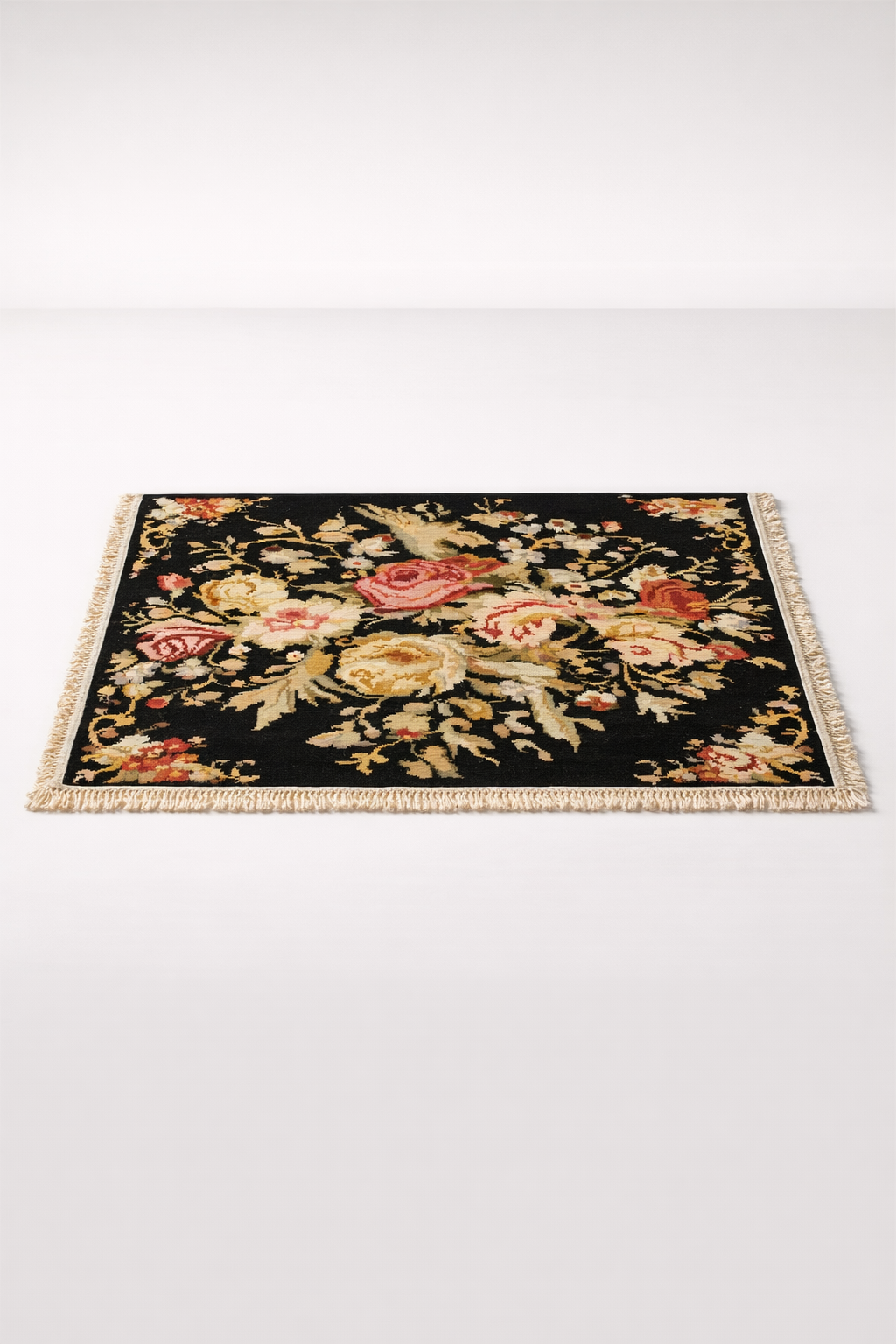 Wool & Cotton Black Multi-Floral Rug