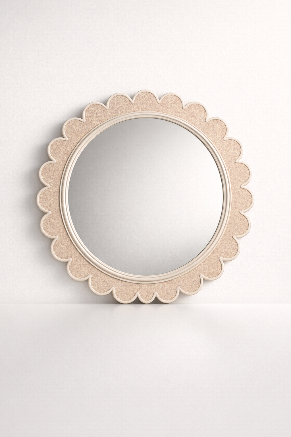 Round Wooden White Washed Scalloped Mirror