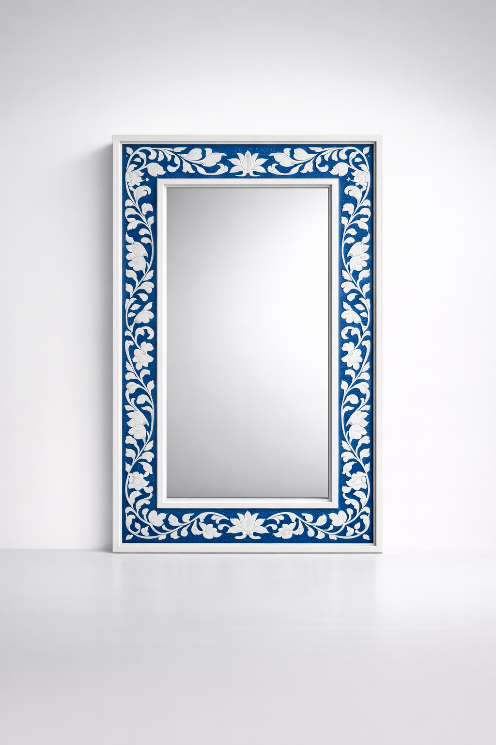Wooden Blue & White Rectangular Mirror